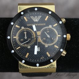 X-LARGE SIZE AND AWESOME EMPORIO ARMANI BLACK AND GOLD TONE CHRONOGRAPH WATCH