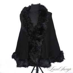 BRAND NEW WITH TAGS ASHLEY STEWART BLACK FLANNEL AND FAUX FUR TRIM CAPE PONCHO OSF