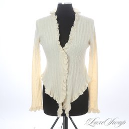 BEAUTIFUL KIER AND J 100 PERCENT PURE CASHMERE IVORY CABLEKNIT RUFFLED EDGE BUTTONLESS CARDIGAN M