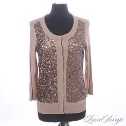 BRAND NEW WITH TAGS $149 TALBOTS CAPPUCCINO BROWN THIN KNIT SEQUIN EMBROIDERED CARDIGAN SWEATER M