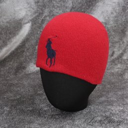 WINTER MUST! MENS POLO RALPH LAUREN RED KNITTED 'BIG PONY' BEANIE HAT / CAP IN PURE MERINO WOOL