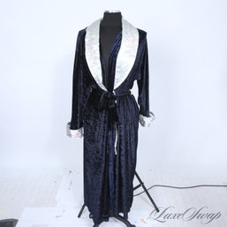 SOFT AND PLUSH LIZ BANKS INTIMATES INK BLUE VELVET HOUSE ROBE WITH PEARL GREY FLORAL EMBROIDERED TRIM L