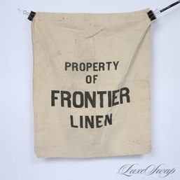 HUGE AND AWESOME VINTAGE 22 X 32 'PROPERTY OF FRONTIER LINENS' ECRU NATURAL MUSLIN LAUNDRY BAG