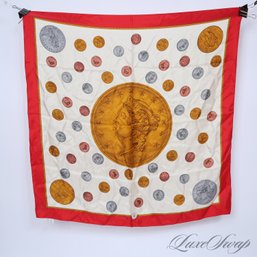 WHERES MY NUMISMATISTS! ECHO 100 PERCENT SILK RED BORDERED VINTAGE COIN MONEY PRINT SCARF
