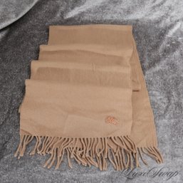 THE ONE EVERYONE WANTS! AUTHENTIC BURBERRY MADE IN ENGLAND PURE LAMBSWOOL CAMEL FLANNEL KNIGHT LOGO SCARF