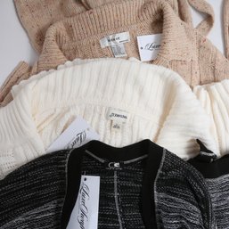 ALWAYS COLD? PROBLEM SOLVED! LOT OF 3 WOMENS CARDIGAN SWEATERS IN CAMEL, WHITE AND B/W MARLED L/XL