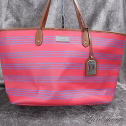 ABSOLUTELY FANTASTIC AND XLARGE 20' RALPH LAUREN TOMATO RED AND BLUE STRIPED HUGE TOTE BAG