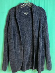 Lands' End Chenille Dark Navy Knit Cardigan Sweater Size XL