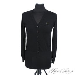 BRITAINS BEST! EXPENSIVE FRED PERRY MADE IN ITALY BLACK CARDIGAN SWEATER WITH WREATH LOGO WOMENS L