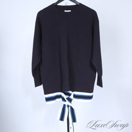 NEAR MINT AND MODERN SANDRO PARIS NAVY BLUE OVERSIZED CASHMERE BLEND SWEATER WITH BOTTOM STRIPE TIE SIZE 1