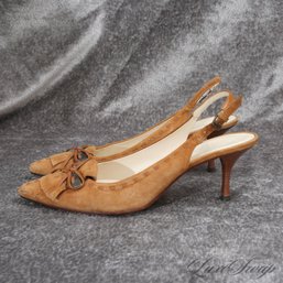NEAR MINT AND PERFECT WITH TIGHTS! COLE HAAN NUTMEG SUEDE TOPSTITCHED KILTIE BUCKLE SLINGBACK SHOES 8.5