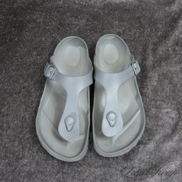 VIRTUALLY WEIGHTLESS BIRKENSTOCK PEWTER GREY / SILVER TOE THONG MOLDED SOLE SANDALS FITS ABOUT A 40 (EU)
