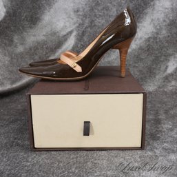 WITH BOX AND BAGS : AUTHENTIC LOUIS VUITTON MADE IN ITALY BROWN PATENT MONOGRAM LV POINT TOE SHOES 38.5 / 8.5