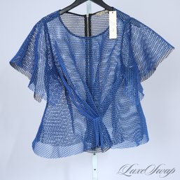 PLUS SIZE : BRAND NEW WITH TAGS FT INC ROYAL BLUE GLAZED OVER BLACK SHEER MESH RUCHED SHIRT XXL