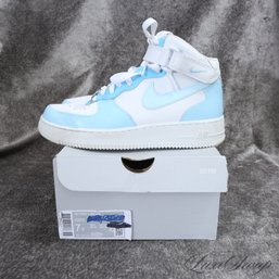 ONE OF A KIND CUSTOM NIKE AIR FORCE ONE MID GS WHITE TRIPLE BABY BLUE PAINTED SNEAKERS 7Y