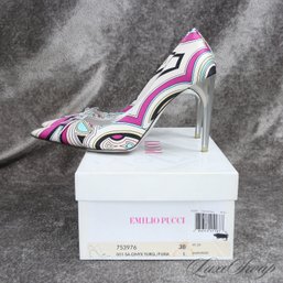 NEAR MINT AND OH MY GOD AMAZING! EMILIO PUCCI MADE IN ITALY FANTASIA PRINT STAIN SILVER TRIM STILETTO SHOES 38