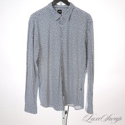 LETS GO SUMMER! MENS HUGO BOSS RECENT AND MODERN SLIM FIT WHITE AND BLUE ALLOVER FLORAL STRETCH SHIRT XXL