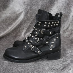 THESE ARE FANTASTIC! STEVEN MADE IN ITALY BLACK LEATHER SILVER STUDDED TRIPLE STRAP ROCKER BOOTS 38 / US 8
