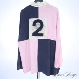 COLLECTIBLE POLO RALPH LAUREN PINK AND BLUE COLORBLOCK 1932-34 BIG CREST BADGE RUGBY POLO SHIRT XXL