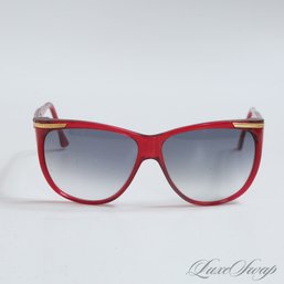 ANONYMOUS VINTAGE 1980S RUBY RED TRANSLUCENT GOLD METAL INSET DIVA SUNGLASSES