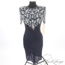 DEADSTOCK VINTAGE BRAND NEW WITH TAGS 1980S/90S LAWRENCE KAGAN 100 PCT SILK NAVY FULLY EMBROIDERED DRESS S