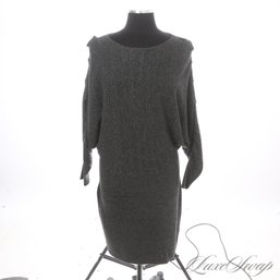 OBSCENELY EXPENSIVE QI CASHMERE 100 PERCENT CASHMERE CHARCOAL MARLED DOLMAN SLEEVE SWEATER DRESS M