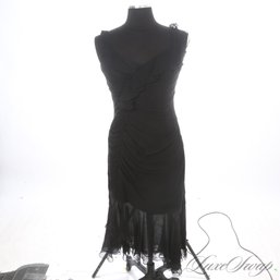 THE FIT ON THIS IS 10/10! ELIE TAHARI BLACK SILK CHIFFON RUFFLED RUCHED TEA LENGTH FORMAL DRESS FITS LIKE 6