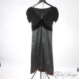 BRAND NEW WITH TAGS NARCISO RODRIGUEZ PURE SILK COLORBLOCK BLACK / DARK TEAL / WINE VELVET INSET DRESS 4
