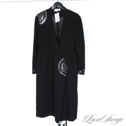 HIGHLY ORNATE ST. JOHN EVENING BLACK KNITTED SILVER SCALLOPED FAN DETAIL LONG SLEEVE UNLINED DRESS 14