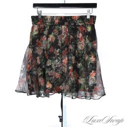 BRAND NEW WITH TAGS $275 ALICE AND OLIVIA 'ROMANCE BLACK' FLORAL CHIFFON ELASTIC WAIST SKIRT 4