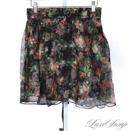 BRAND NEW WITH TAGS $275 ALICE AND OLIVIA 'ROMANCE BLACK' FLORAL CHIFFON ELASTIC WAIST SKIRT 2