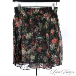 BRAND NEW WITH TAGS $275 ALICE AND OLIVIA 'ROMANCE BLACK' FLORAL CHIFFON ELASTIC WAIST SKIRT 0