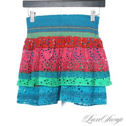 BRAND NEW WITH TAGS $330 ALICE AND OLIVIA 'CABO STRIPE' MULTICOLOR LACE EYELET SKIRT 0