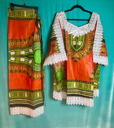 ENSEMBLE ORANGE AND GREEN LACED DASHIKI PRINT BLOUSE WITH WRAP SKIRT  ONE SIZE FITS MOST