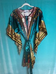 NEW WITH TAGS EMERALD GREEN AND GOLD DASHIKI PRINT SHORT BELTED CAFTAN KIMONO ONE SIZE FITS MOST