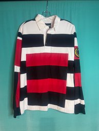 NEW WITH TAGS NICOPANDA LONG SLEEVE RUGBY :LOVE NICO: BLACK AND RED POLO SHIRT WITH CREST PATCH  SIZE M