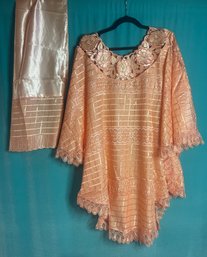 ENSEMBLE PEACH LACE TRIM STUNNING FANCY PEASANT BLOUSE WITH MATCHING SARF SIZE XL