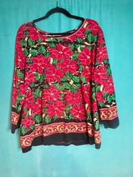 TAKE TWO RED AND BLACK POINSETTIA FLOWER PRINT WITH GOLD SEQUINS  LONG SLEEVE TOP SIZE XL
