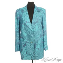 A MAGNIFICENT CARLISLE TROPICAL CARIBBEAN BLUE / AQUA MAXI FLORAL PRINT LONG JACKET 10