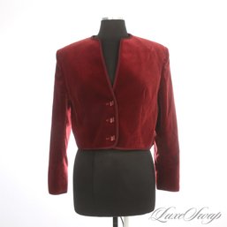 A DECADENT AND EXPENSIVE VINTAGE JAEGER MADE IN ENGLAND CRANBERRY VELVET CORDED EDGE CROPPED JACKET 14