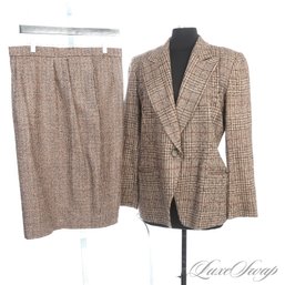 A MAGNIFICENT VINTAGE CARLISLE 80 PERCENT SILK BROWN PRINCE OF WALES SPRING TWEED SKIRT SUIT 10