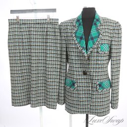 A MAGNIFICENT VINTAGE CARLISLE SILK TRIMMED GREY / TEAL / GREEN MAXI CHECKED CHANEL STYLE SKIRT SUIT 12