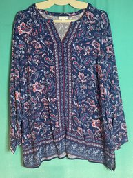 J JILL BLUE WHITE RED FLORAL PAISLEY LONG SLEEVE BLOUSE SIZE XL