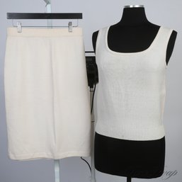 AN EXTREMELY EXPENSIVE ST. JOHN MADE IN USA SIGNATURE VANILLA WHITE KNITTED TANK AND SKIRT SET WITH BOX S / 10