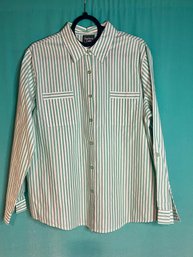 SOUTHERN LADY WHITE AND MINT GREEN STRIPE BUTTON DOWN COTTON WITH SILVER LUREX BLOUSE SIZE 18