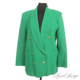 HIGH IMPACT VINTAGE MADE IN USA KELLY GREEN TEXTURED WOOL SHAWL COLLAR BLAZER JACKET W/GOLD CREST BUTTONS