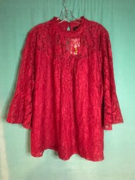 NEW WITHOUT TAGS SOLID RED LONG BELL  SLEEVE RED LACE BLOUSE SIZE 3X