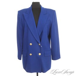 AN EXCEPTIONAL VINTAGE OLEG CASSINI INTENSE ULTRAVIOLET SAPPHIRE TWEED JACKET W/ GOLD CREST BUTTONS 10