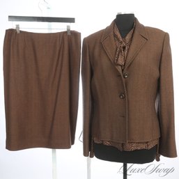 THE FULL OUTFIT! A WONDERFUL VINTAGE CARLISLE BROWN BROKEN HERRINGBONE TWEED SKIRT SUIT W/SILK SHIRT 12/14