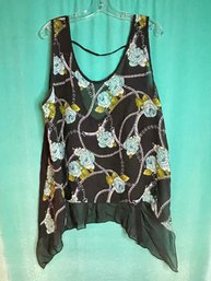 NEW WITHOUT TAG BLACK WITH BLUE FLORAL AND CHAIN PRINT MESH SLEEVELESS TANK BLOUSE 2XL